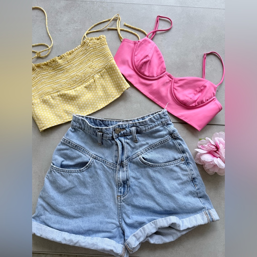 Bundle Of 3 Zara Shorts Tops XS / M High Rise Jeans Shorts Crop Tops Yellow Pink